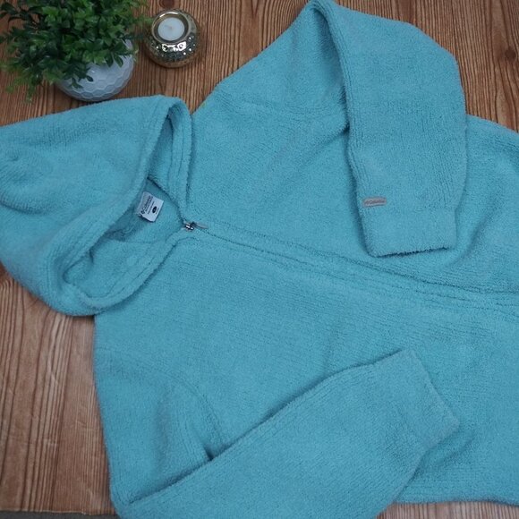 COLUMBIA SPORTSWEAR aqua chunky knit fluffy soft hoodie zip sweater sz.L - Picture 1 of 9